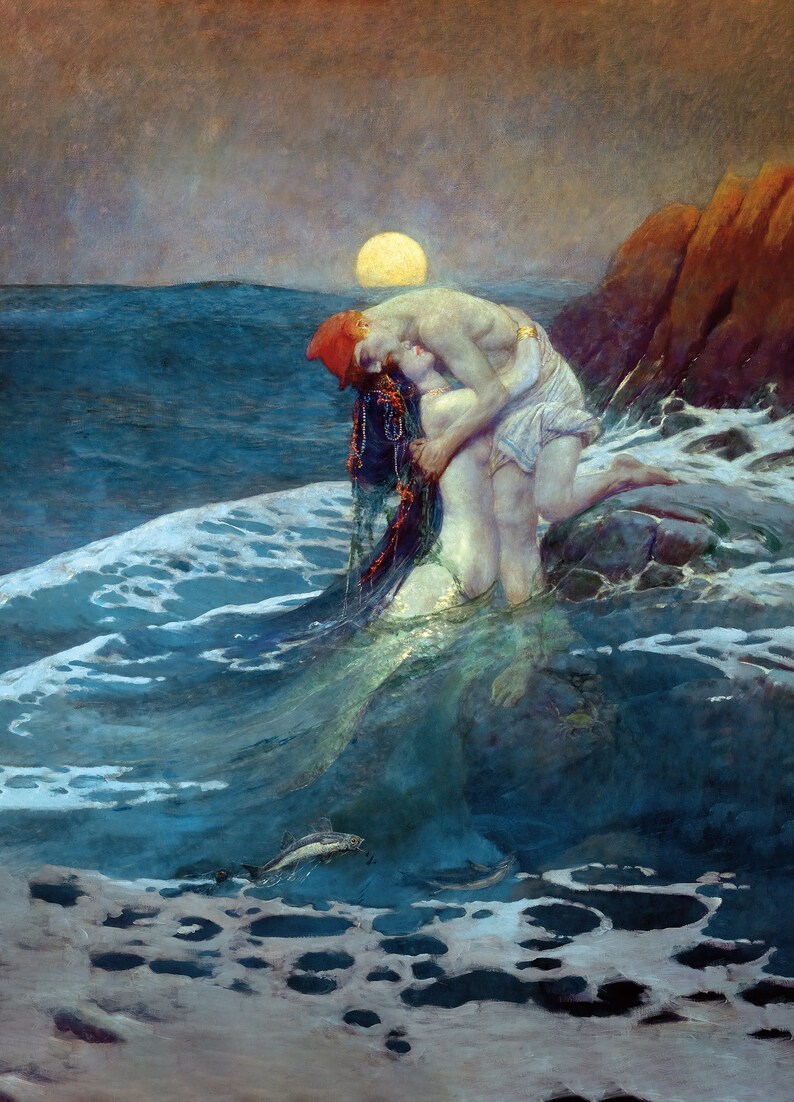 May include: A painting depicting a mermaid and a man embracing in the ocean. The mermaid has long, dark hair and a tail that merges with the water. The man is wearing a red cap and white clothing. The scene is set at sunset, with a bright yellow sun in the background.