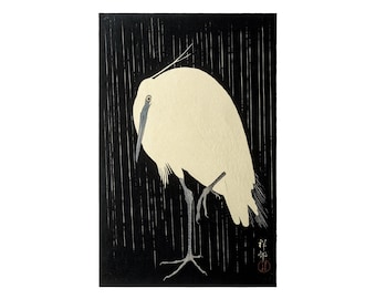 Ohara Koson Egret in the rain. Vintage Japanese Print. Reproduction. Unframed