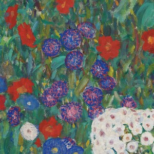 May include: An impressionistic painting of a garden filled with vibrant flowers. Red, blue, and white blooms are scattered among green foliage. The artwork has a textured, painterly quality, with visible brushstrokes.