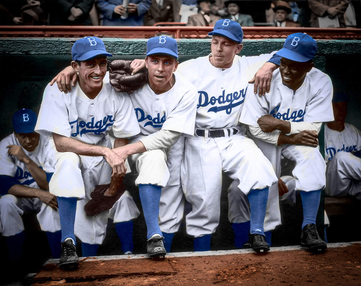 Jackie Robinson First Day w/Spider Jorgenson, Pee Wee Reese, & Ed Stankey  1947 - COLORIZED!!!!