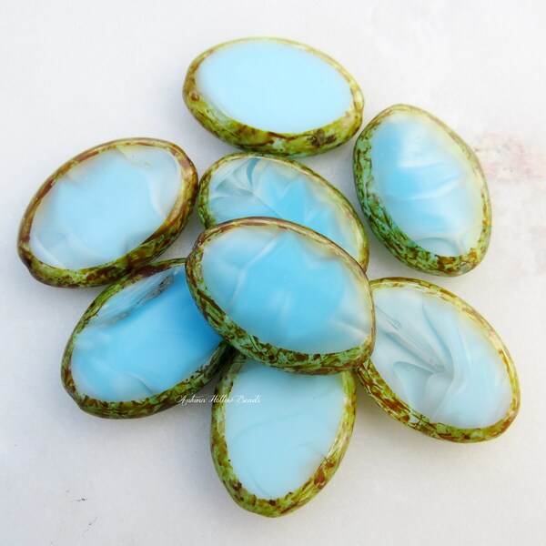 8pcs 20x14mm Shimmery Aqua Turquoise Blue table cut picasso czech glass oval slab beads