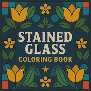 Puede incluir: Portada cuadrada de un libro para colorear con las palabras "STAINED GLASS COLORING BOOK". La portada presenta un fondo azul oscuro con flores amarillas, hojas verdes y círculos azules.