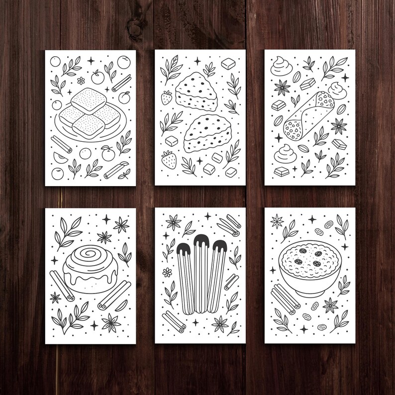 May include: Six black and white illustrations of desserts on white cards. The desserts include a stack of pastries, slices of cake, a cannoli, a cinnamon roll, churros, and a bowl of rice pudding. Each card has decorative elements.