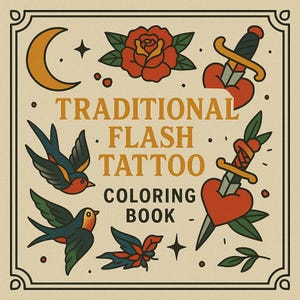Tattoo Coloring Book – Traditional Flash Art | Printable Tattoo Designs for Adults | Bold Line Art | Instant Download