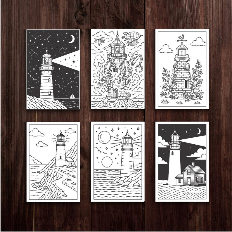 Pu&ograve; includere: Sei stampe artistiche di fari in bianco e nero. Ogni stampa presenta un design unico del faro, alcuni con cieli stellati, altri con elementi stravaganti come dirigibili e bracci meccanici. Le stampe sono esposte su uno sfondo di legno scuro.