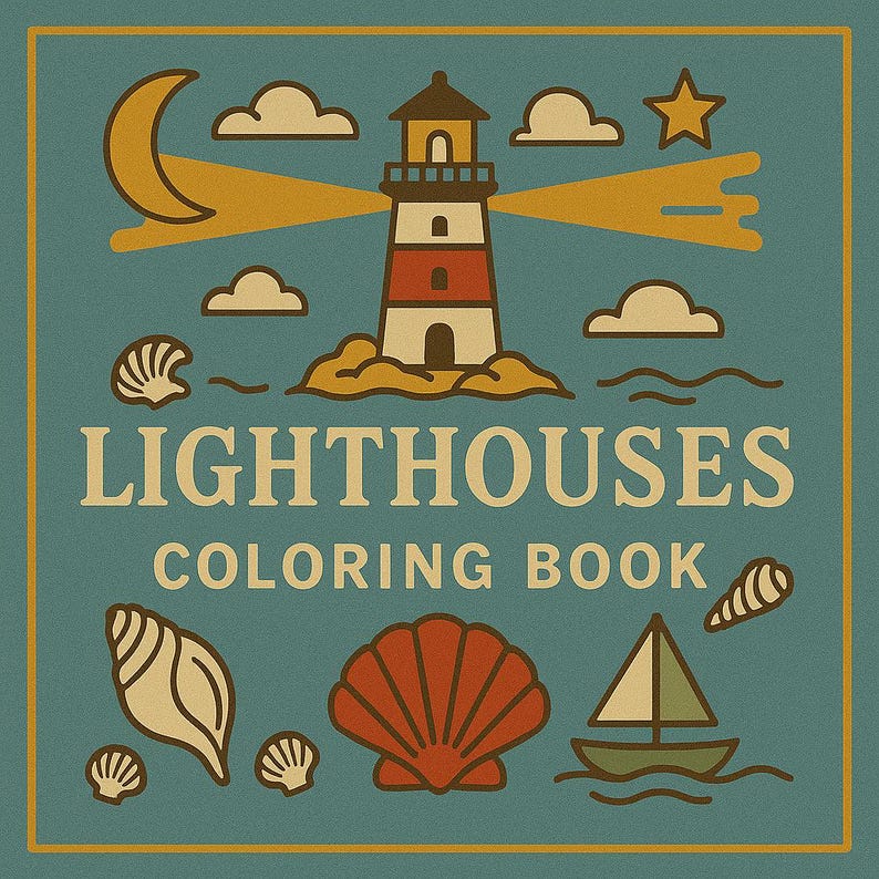 Pu&ograve; includere: Illustrazione quadrata in stile vintage su sfondo verde acqua. Presenta un faro con una torre a strisce rosse e bianche, che emette raggi di luce gialla. Il testo "LIGHTHOUSES COLORING BOOK" &egrave; visualizzato in basso, con elementi nautici come conchiglie, una barca a vela e una luna crescente.