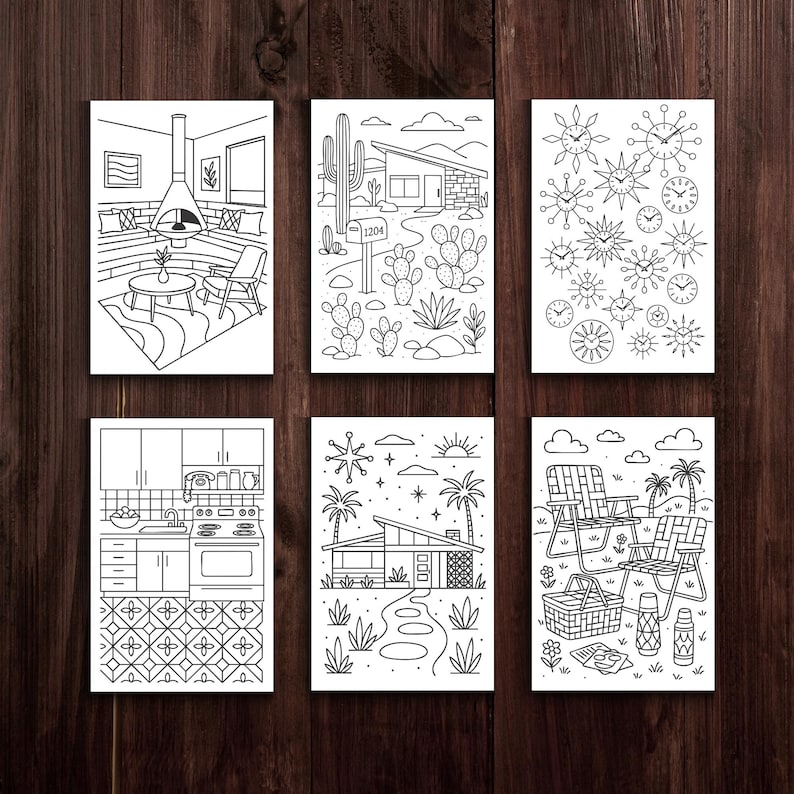 Mid-century Modern Coloring Book – Retro Line Art Printables | Atomic ...