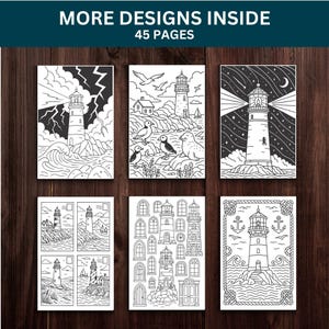 Pu&ograve; includere: Una collezione di illustrazioni in bianco e nero di fari, tra cui scene con tempeste, uccelli e notti stellate. Il testo "MORE DESIGNS INSIDE" e "45 PAGES" &egrave; visualizzato in alto. Le immagini sono su uno sfondo di legno scuro.