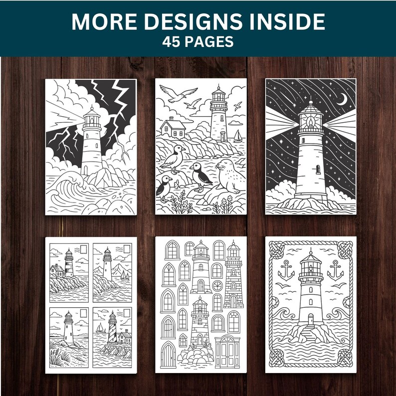 Pu&ograve; includere: Una collezione di illustrazioni in bianco e nero di fari, tra cui scene con tempeste, uccelli e notti stellate. Il testo "MORE DESIGNS INSIDE" e "45 PAGES" &egrave; visualizzato in alto. Le immagini sono su uno sfondo di legno scuro.