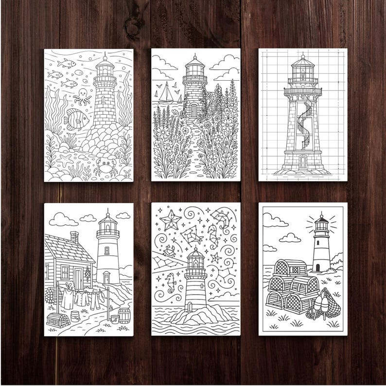 Pu&ograve; includere: Sei pagine da colorare di fari in bianco e nero. Ogni pagina presenta una scena costiera diversa con un faro, tra cui scene sottomarine, giardini e viste sul mare con nasse per aragoste.