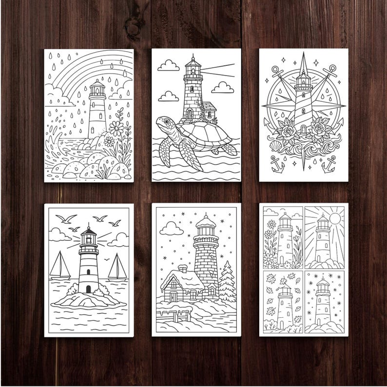 Pu&ograve; includere: Sei pagine da colorare di fari in bianco e nero. Ogni pagina presenta una scena di faro diversa, tra cui un arcobaleno, una tartaruga, una bussola, barche a vela, una casa innevata e variazioni stagionali.