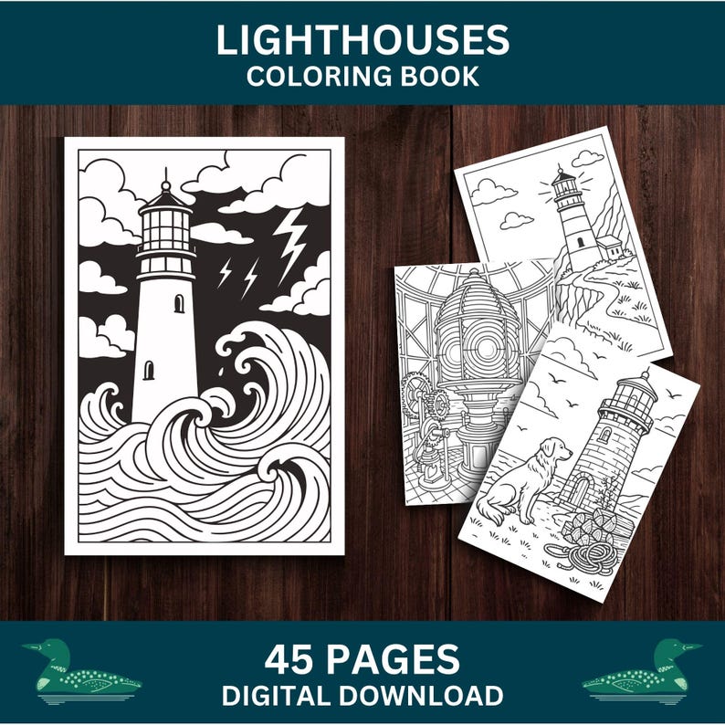 Pu&ograve; includere: Un libro da colorare in bianco e nero intitolato "Lighthouses Coloring Book" con 45 pagine. La copertina presenta una scena del faro con onde e fulmini. Pagine aggiuntive mostrano illustrazioni di fari, tra cui una con un cane.