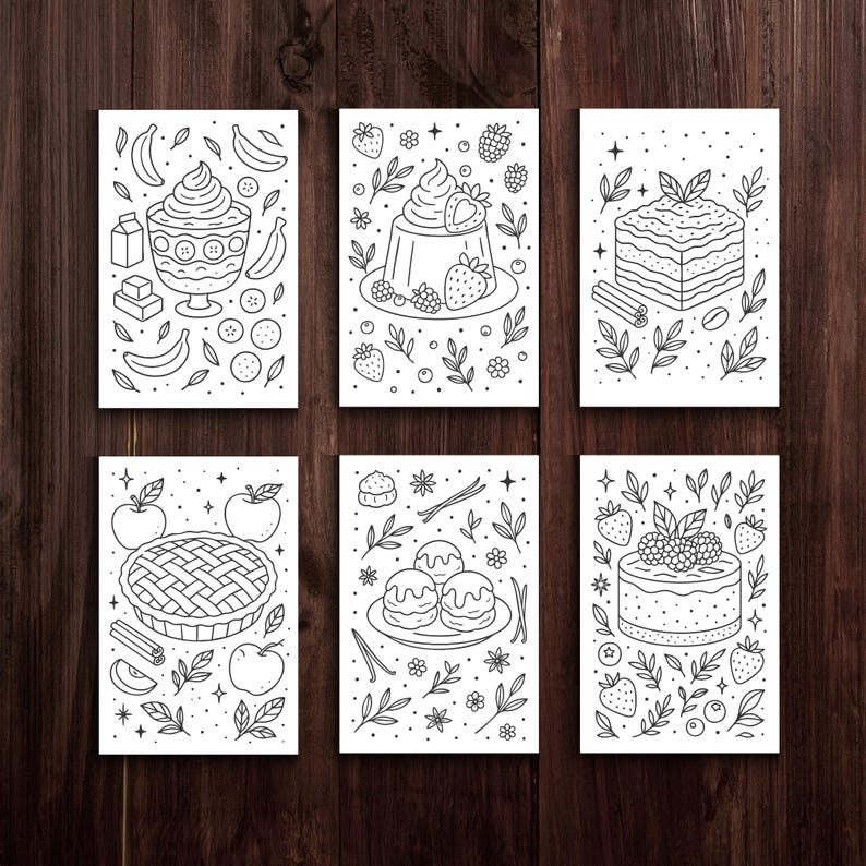 May include: Six black and white illustrated cards featuring desserts. The cards depict a sundae, a jelly dessert with berries, a layered cake, an apple pie, cream puffs, and a cake with berries. The illustrations are surrounded by decorative elements.