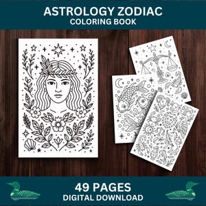 May include: A black and white Astrology Zodiac colouring book with 49 pages. The cover shows a woman's face surrounded by floral and star designs. Additional pages display zodiac symbols and celestial elements.