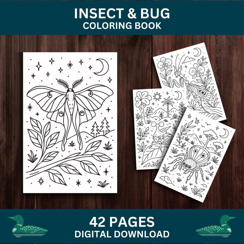 Op de afbeelding: Een "Insect & Bug Coloring Book" met 42 pagina's beschikbaar als digitale download. De omslag toont een gedetailleerde lijntekening van een mot met een boslandschap. Extra pagina's tonen insecten en natuursc&egrave;nes.