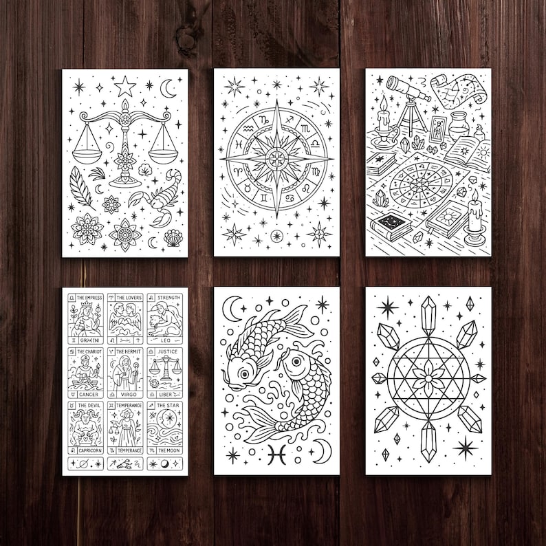 May include: Six black and white tarot card prints with celestial and astrological designs. The cards depict symbols like scales, a compass rose, a telescope, and koi fish. The bottom left card displays tarot card names like "The Empress" and "The Lovers".