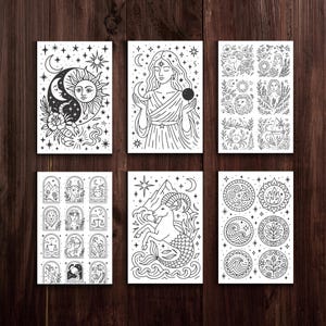 May include: Six black and white art prints with celestial and zodiac illustrations. The prints depict the sun and moon, a woman holding a sphere, and zodiac symbols. The art is set against a dark wood background.