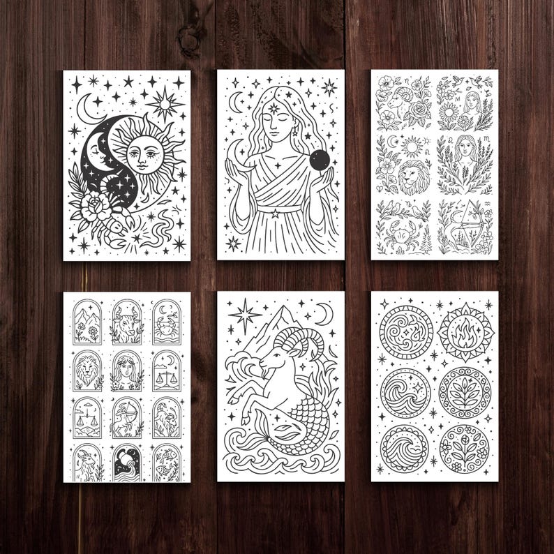 May include: Six black and white art prints with celestial and zodiac illustrations. The prints depict the sun and moon, a woman holding a sphere, and zodiac symbols. The art is set against a dark wood background.