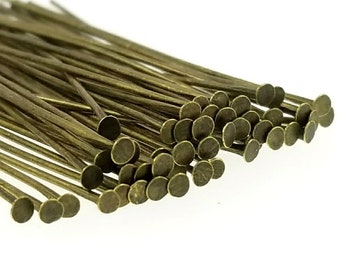 Solid Brass Antique Bronze Flat Head Pins For Jewelry Making -Hypoallergenic  ( 50mm, 21 gauge) 2" Inch