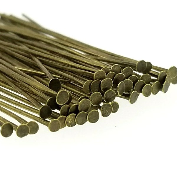 Solid Brass Antique Bronze Flat Head Pins For Jewelry Making -Hypoallergenic  ( 50mm, 21 gauge) 2" Inch