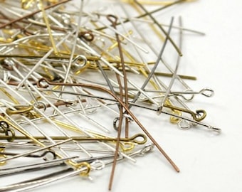 Assorted Mixed Color Solid Brass Head Eye Pins For Jewelry Making - (2" Inch,  50mm x 21 Gauge)