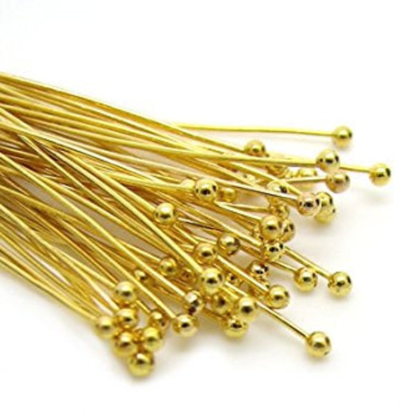 Gold Solid Brass Head Ball pins For Jewelry Making- Nickel Free- 50mm (2 inch), 22 gauge