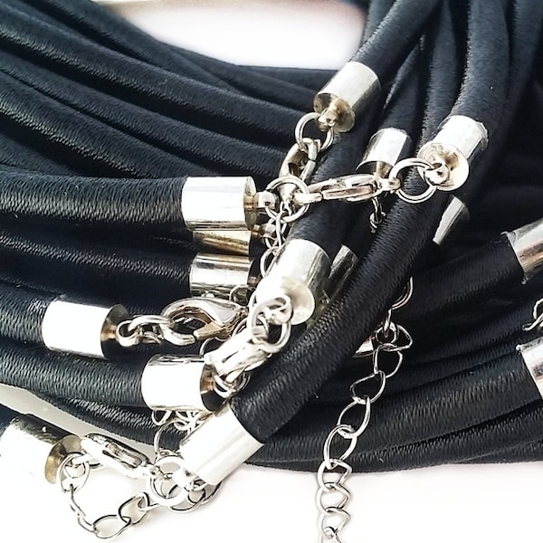 5pc Black Fabric & Plastic Tube Necklace Cords w Silver Brass Clasp- Jewelry Making 3mm- 18 Inch
