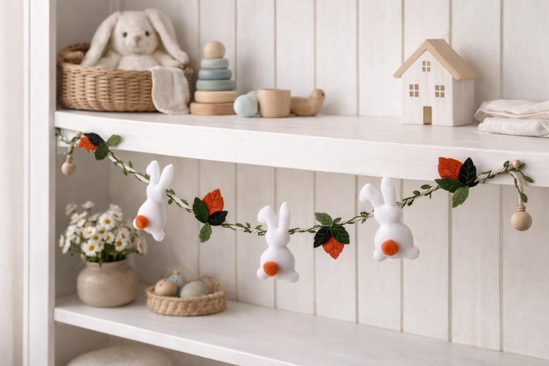 Handmade Felt Bunny Garland, Woodland Leaves, Neutral Nursery Decor ...