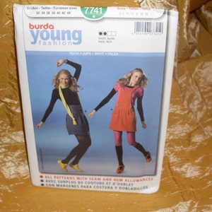 May include: Burda Young Fashion sewing pattern number 7741 for a skirt and a dress. The pattern includes seam and hem allowances. The pattern is for sizes 32 to 44.
