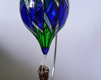 Blown Glass Hot Air Balloon ornament, Green/dark blue/white colors