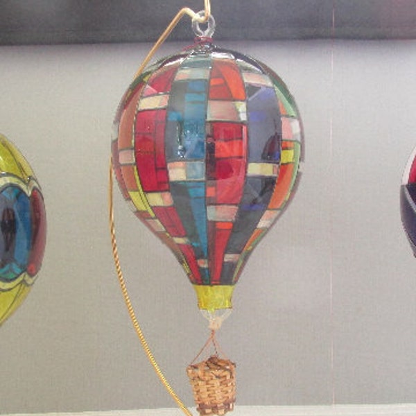 Blown Glass Hot Air Balloon Ornament: Rectangles Pattern || (Stands sold separately 7.00 ea.