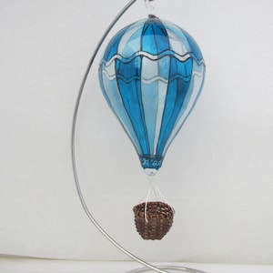 Blown Glass Hot Air Balloon Ornament Teal and White Standard Pattern