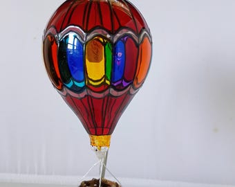 Blown Glass Hot Air Balloon with deep red top and bottom, multi inside panels