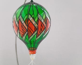 Blown Glass Hot Air Balloon ornament, Green/orange/white colors, Fish Pattern