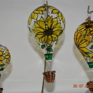 Blown Glass Hot Air Balloon Ornament with Sunflowers