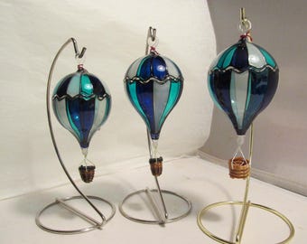 Glass Hot Air Balloon Ornament DarkBlue/Teal/White colors