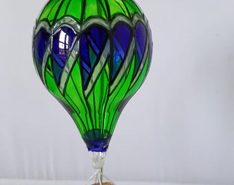 Blown Glass Hot Air Balloon ornament, green/navy blue/white colors