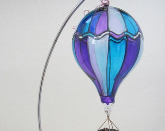 Handblown/hand painted Purple/Teal/White Glass Hot Air Balloon Ornament