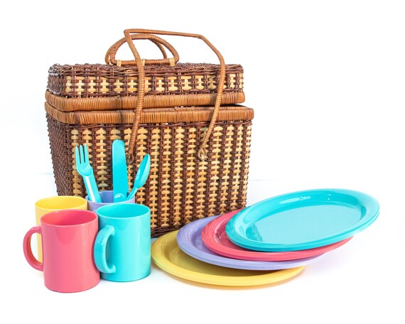 Vintage Rattan Picnic Basket, Large Wicker Picnic