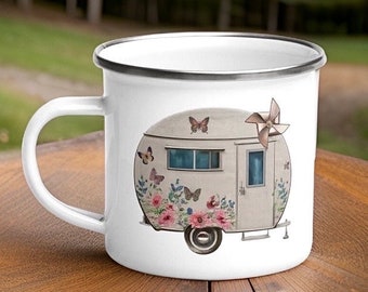 Small Enamel Camping Mug, Camper Mug, Camp Mug, Coffee Cup, Camper Coffee Mug, Floral Mug, Happy Camper Mug, Camping Gift, RV Life, RV Gifts