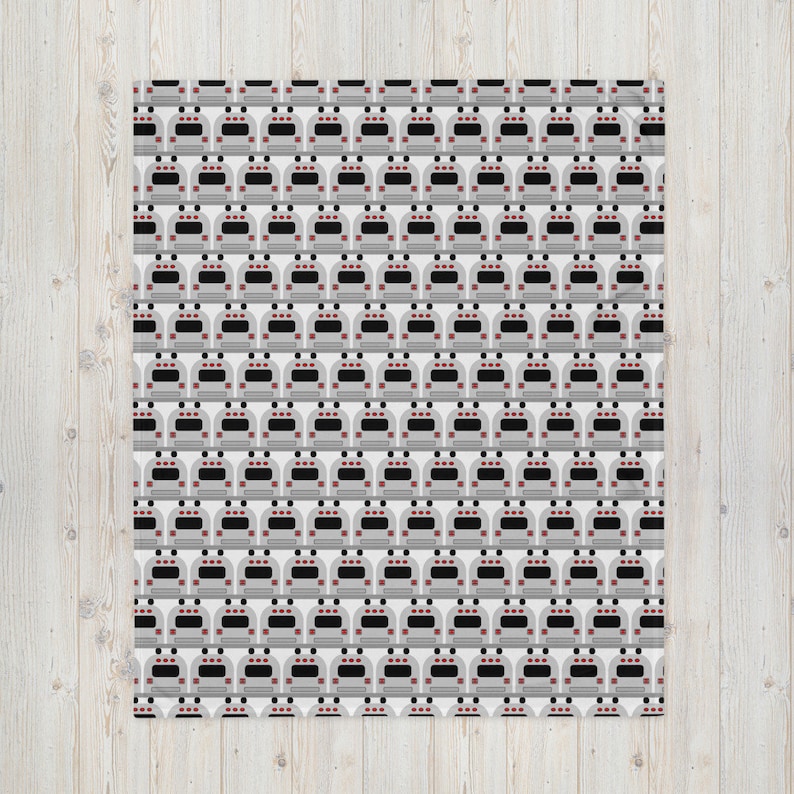 May include: A white and gray repeating pattern of a school bus with red taillights and black windows.