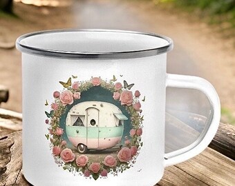 Small Enamel Camping Mug, Camper Mug, Camp Mug, Coffee Cup, Camper Coffee Mug, Floral Mug, Happy Camper Mug, Camping Gift, RV Life, RV Gifts