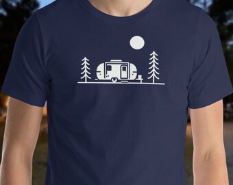 Unisex Minimalist Camper T-Shirt, Pine Trees, Nature Print, Boho Camper, Moonlit Campsite, Pine Forest, Spring Vibes, Nature Lover Gift, RV