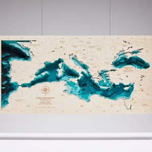 Mediterranean Sea Wooden Map: 3D Nautical Chart Wall Art