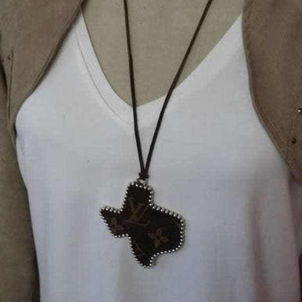 Repurposed Recycled Upcycled LV Louis Vuitton Canvas Charm on Suede Leather Necklace