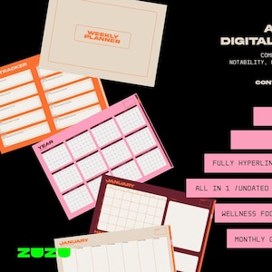 May include: A digital planner set featuring multiple layouts including a weekly planner, tracker, and year view in orange, pink, and dark brown. Text includes ALL IN ONE DIGITAL PLANNER, COMPATIBLE WITH GOODNOTES, NOTABILITY, NOTESHELF, and ZUZU.