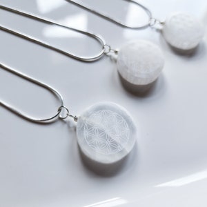 Selenite Engraved Flower of Life Necklace