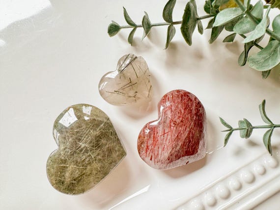 Red & Green Rutile in Quartz Hearts - image 1
