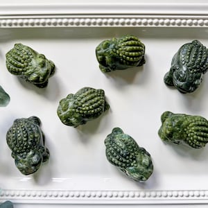 May include: Seven carved green frog figurines are arranged on a white tray. The frogs are detailed with textured skin and are in various poses. The tray has a decorative border and is surrounded by greenery.
