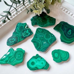 May include: A collection of eight green malachite stones with swirling patterns. The stones are various shapes and sizes and are arranged on a white surface.